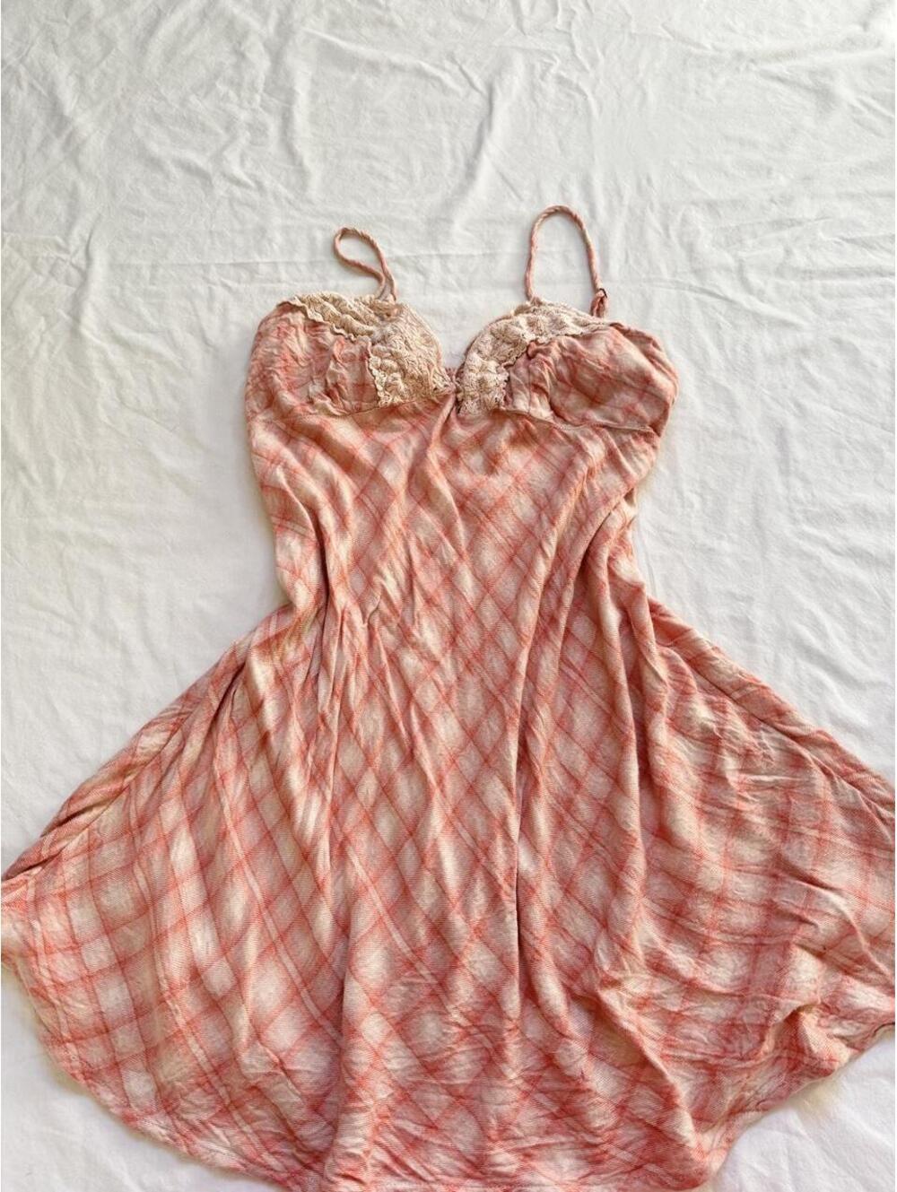 Free People pink and white plaid mini dress with lace trim, size XL